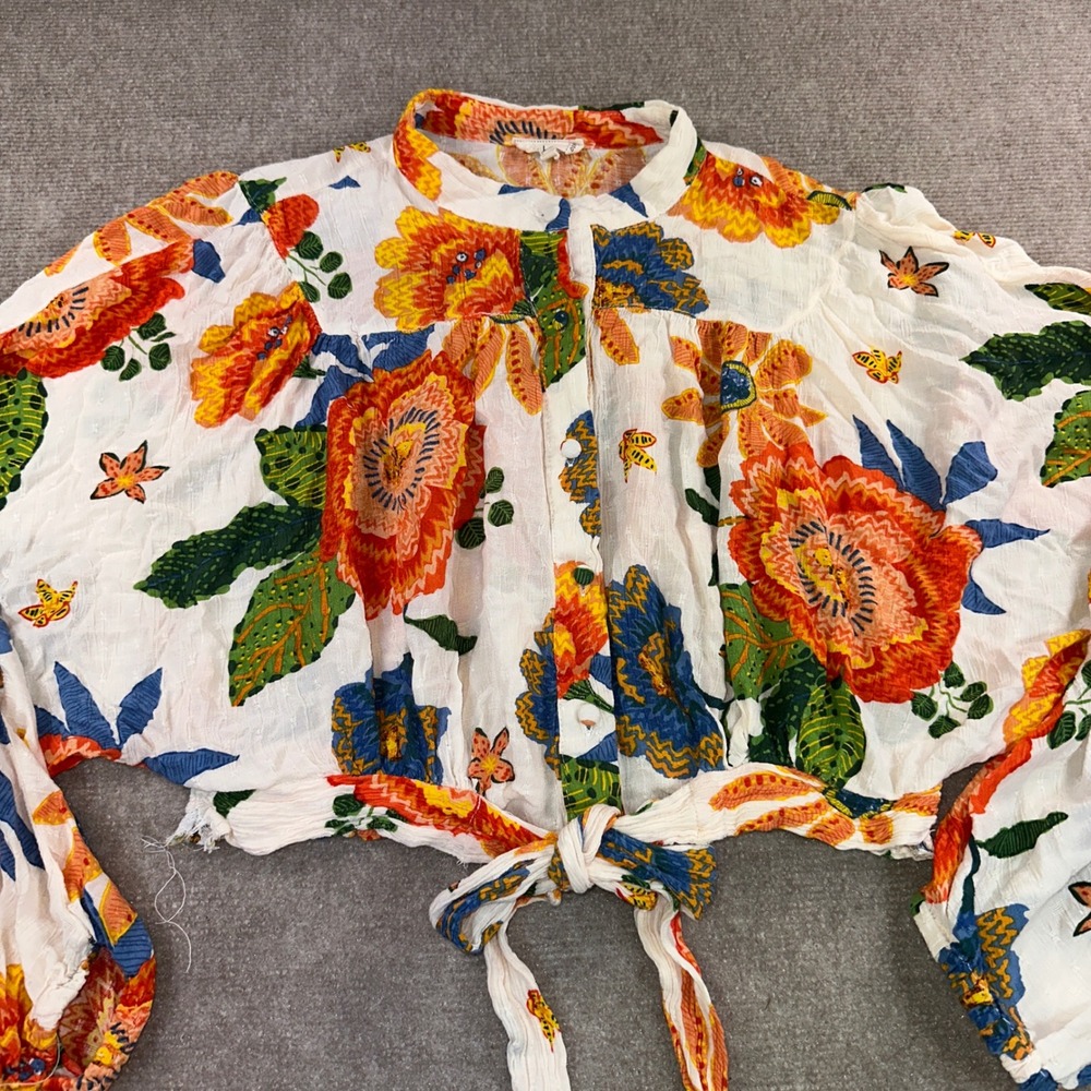 Artelier Nicole Miller Floral Cropped Tie Front Blouse Multi Color Size L